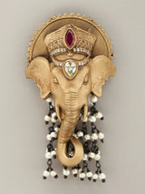 Lord Ganesha Brass Brooch with Stone Studded Dangling Beads