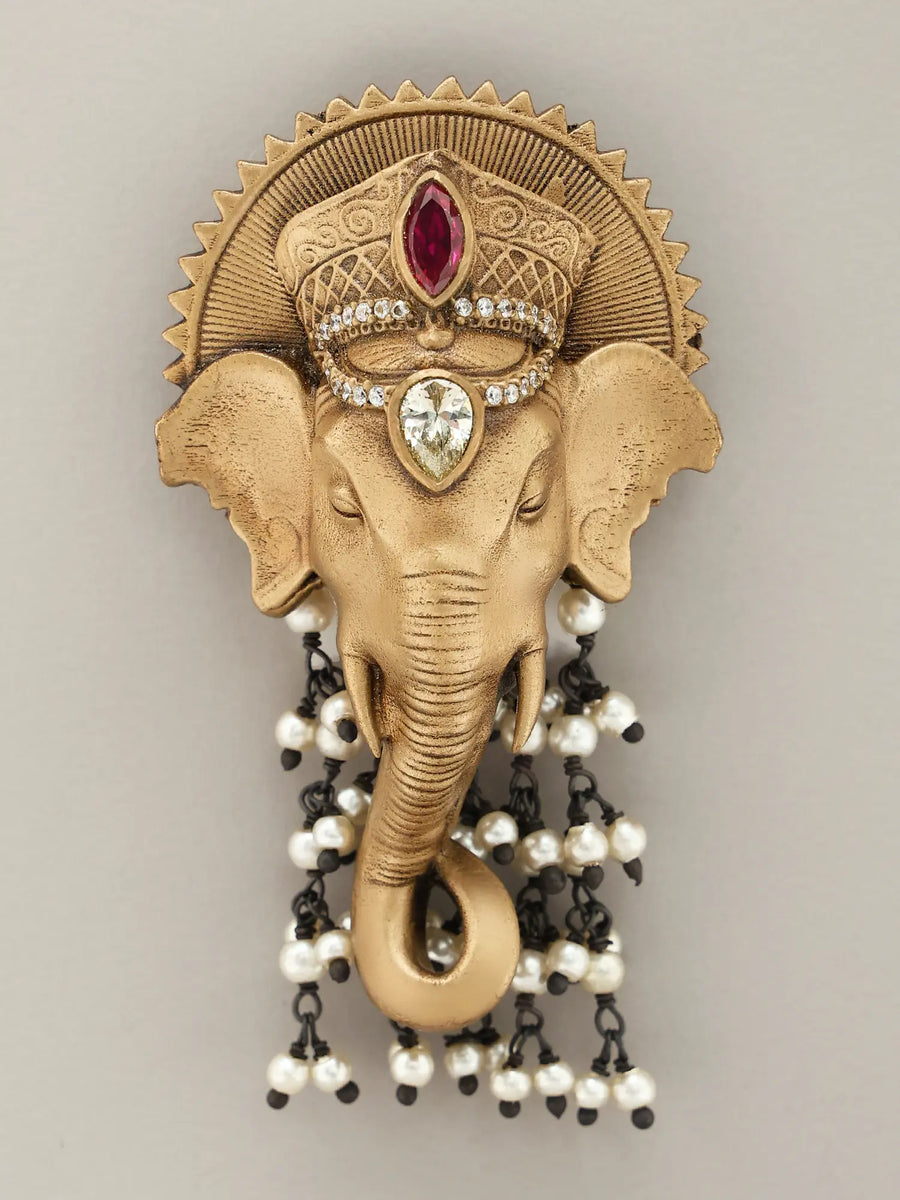 Lord Ganesha Brass Brooch with Stone Studded Dangling Beads
