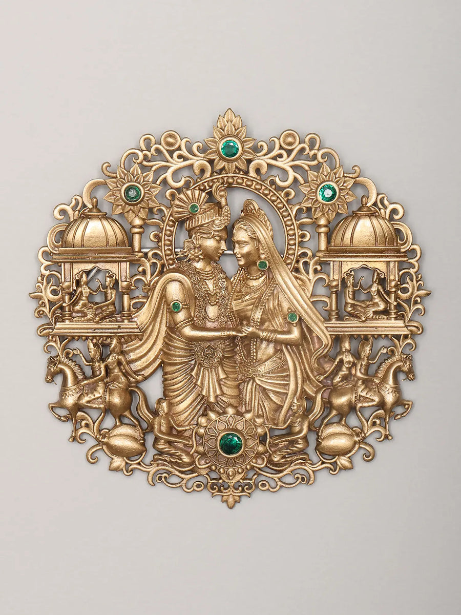 Radha Krishna Stone Studded Brass Brooch