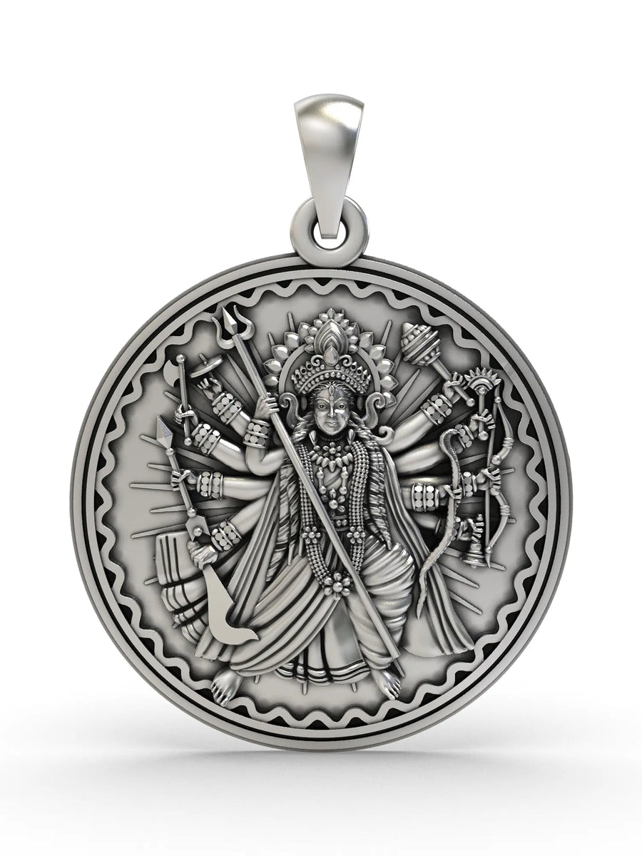 Goddess Durga Sterling Silver Round Pendant