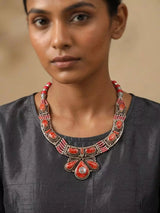 Tibetan Tribal Red Stone Brass Silver Polish Necklace
