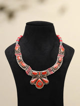 Tibetan Tribal Red Stone Brass Silver Polish Necklace
