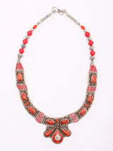 Tibetan Tribal Red Stone Brass Silver Polish Necklace