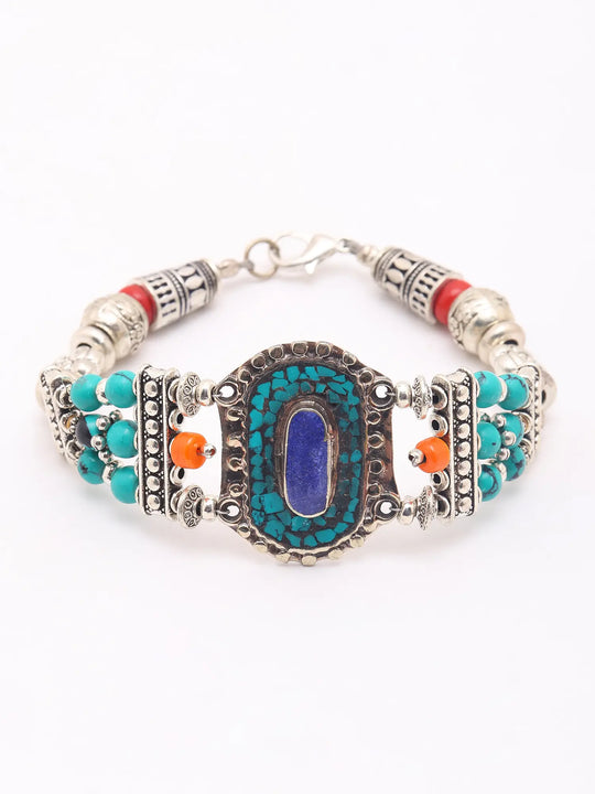 Tibetan Style Multi Stone Silver Polish Brass Bracelet