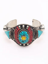 Turquoise and Coral Tibetan Silver Brass Cuff Bracelet