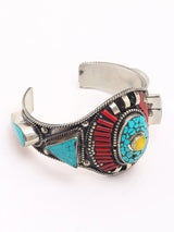 Turquoise and Coral Tibetan Silver Brass Cuff Bracelet