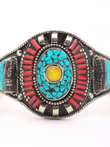 Turquoise and Coral Tibetan Silver Brass Cuff Bracelet