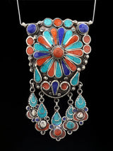 Turquoise Coral and Lapis Lazuli Tibetan Brass Pendant