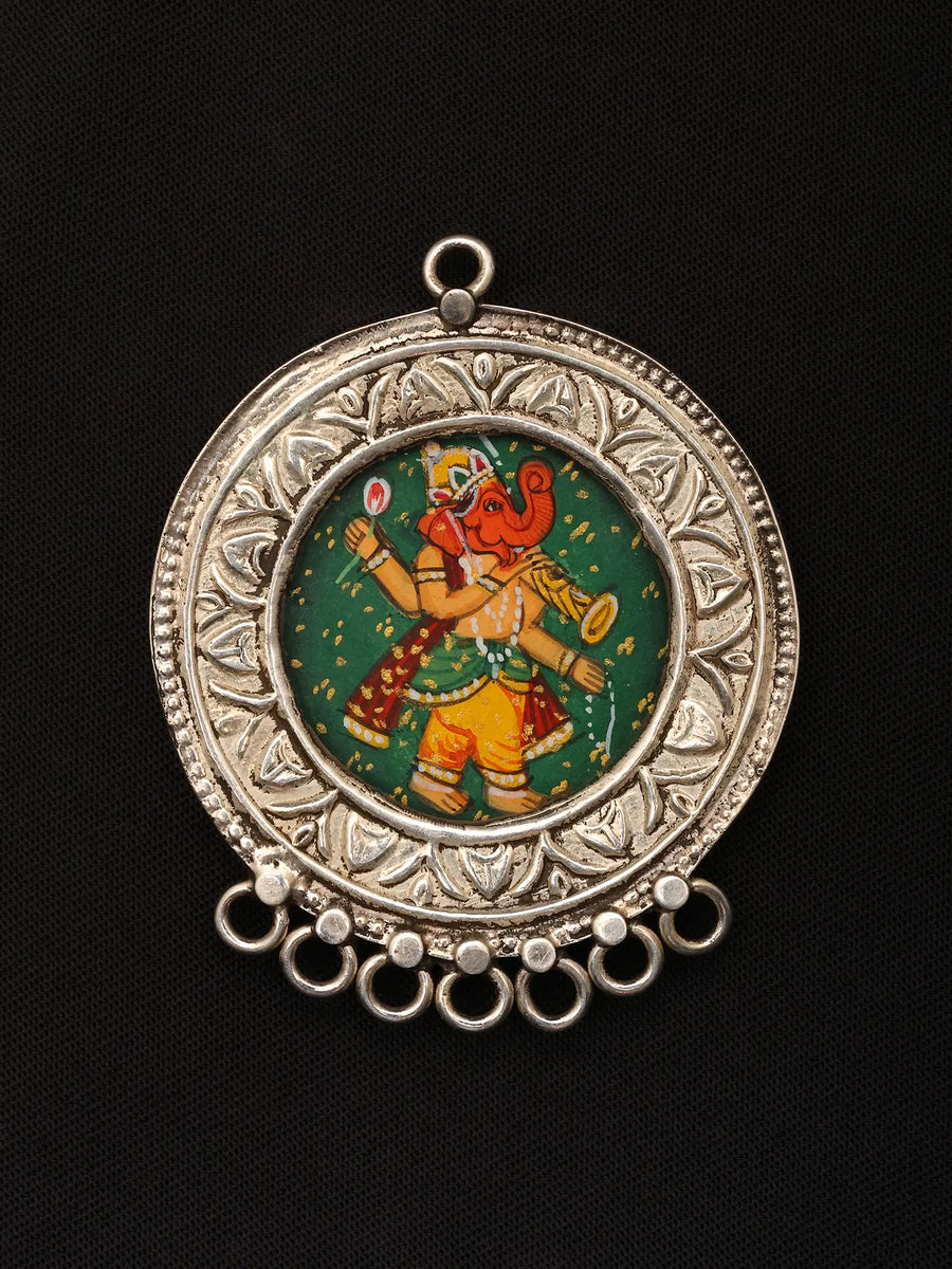 Hand-Painted Chaturbhuja Ganesha Sterling Silver Pendant