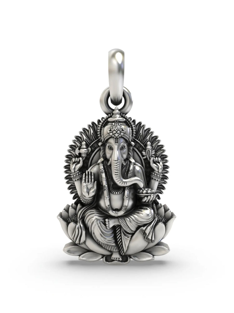 Chaturbhuja Ganesha on Lotus Sterling Silver Pendant