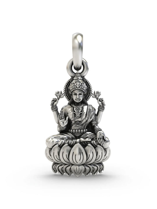 Goddess Lakshmi on Lotus Temple Sterling Silver Pendant