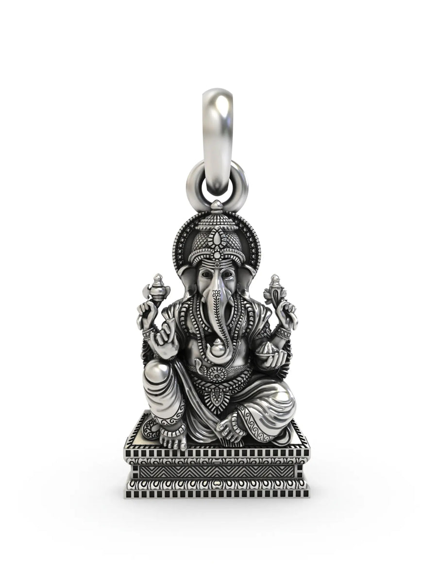 Seated Chaturbhuja Ganesha Sterling Silver Pendant