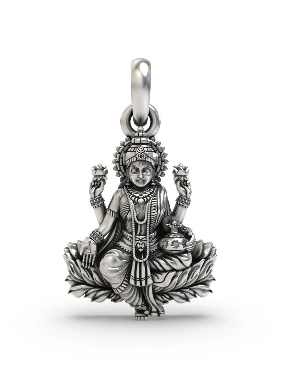 Goddess Lakshmi on Lotus Vintage Temple Silver Pendant