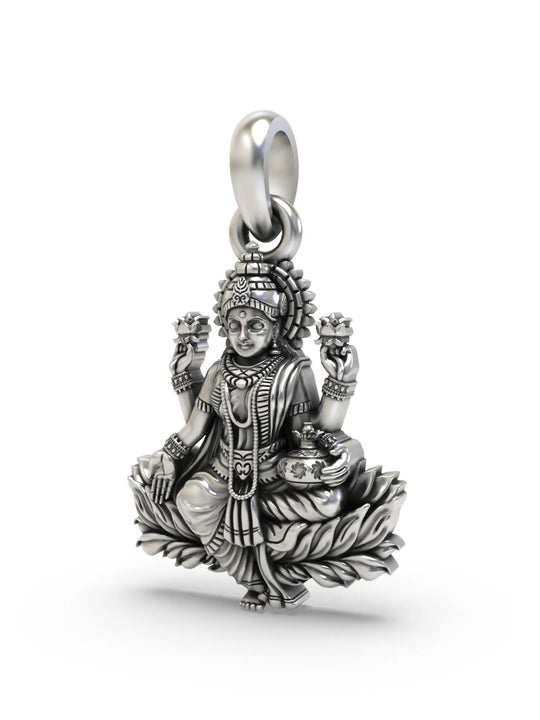 Goddess Lakshmi on Lotus Vintage Temple Silver Pendant