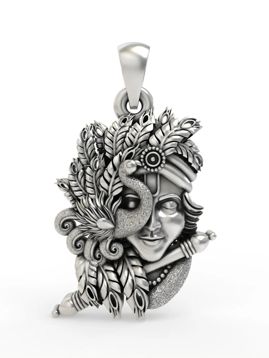 Flute Krishna and Peacock Sterling Silver Pendant