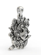 Flute Krishna and Peacock Sterling Silver Pendant