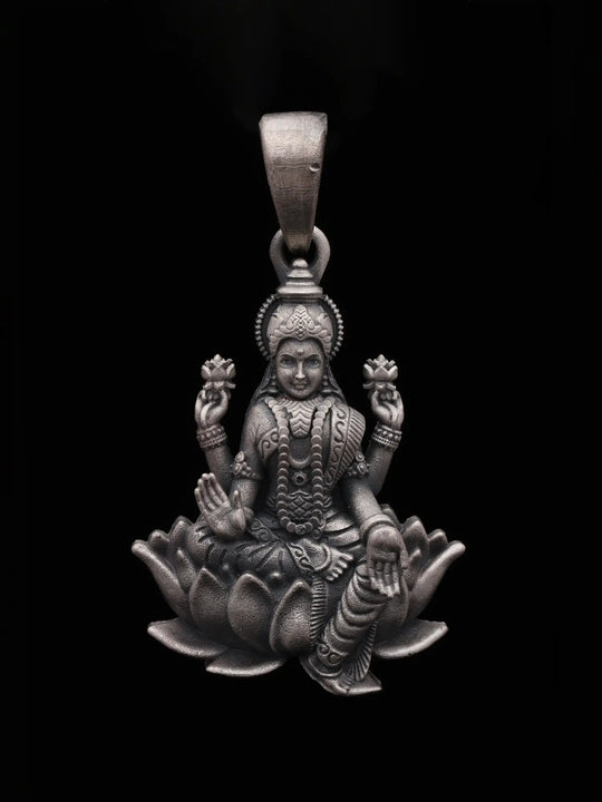 Goddess Lakshmi on Lotus Temple Sterling Silver Pendant