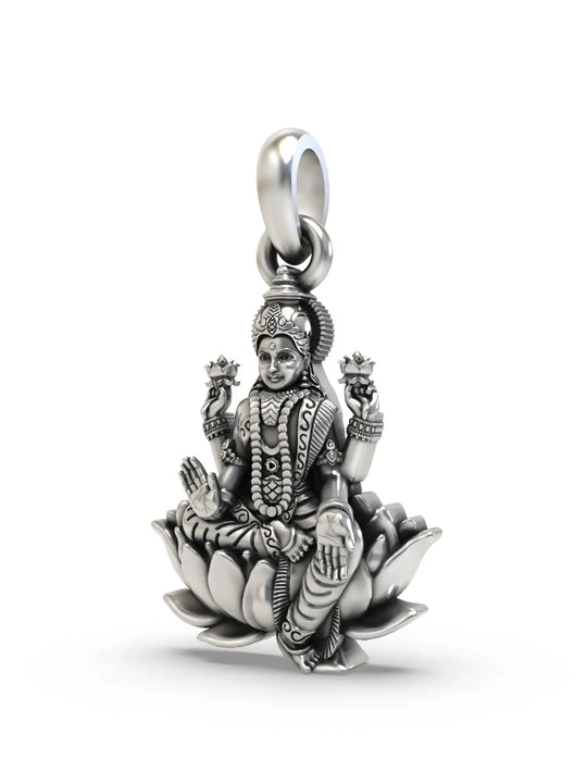 Goddess Lakshmi on Lotus Temple Sterling Silver Pendant
