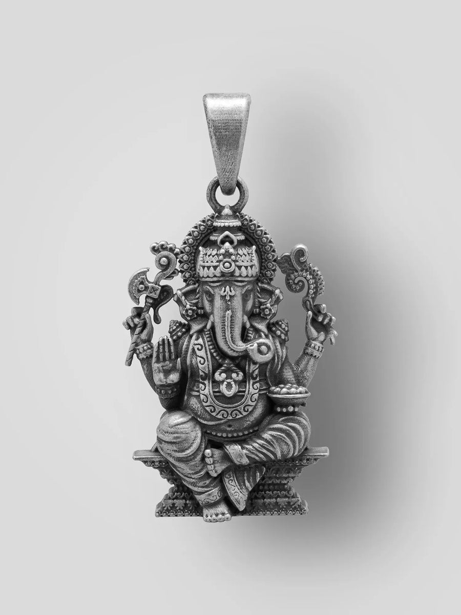 Seated Chaturbhuja Ganesha Sterling Silver Pendant