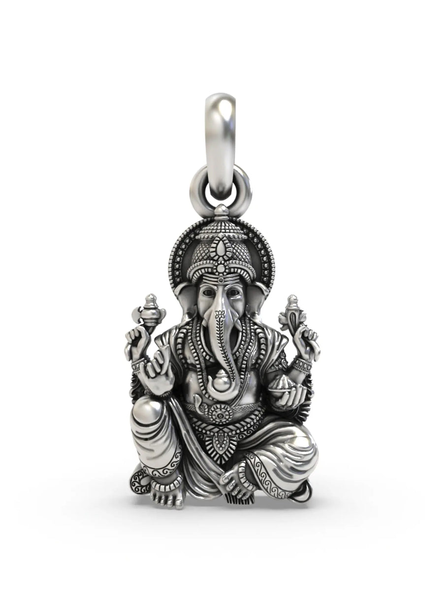 Chaturbhuja Ganesha on Lotus Vintage Silver Pendant