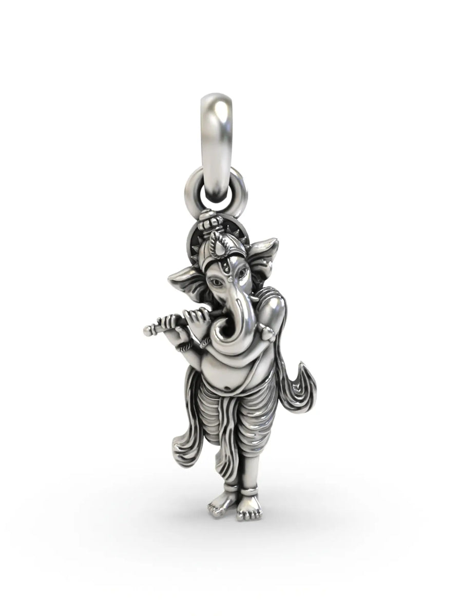 Vintage Ganesha Playing Flute Sterling Silver Pendant