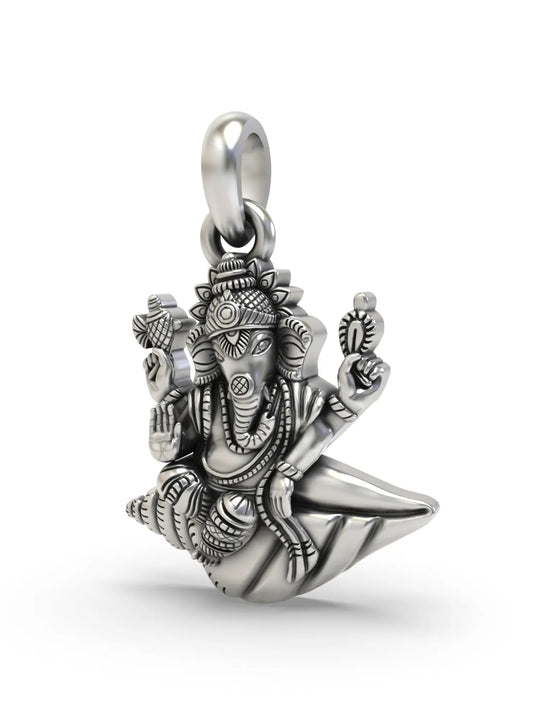 Vintage Polish Sterling Silver Ganesha on Conch Pendant