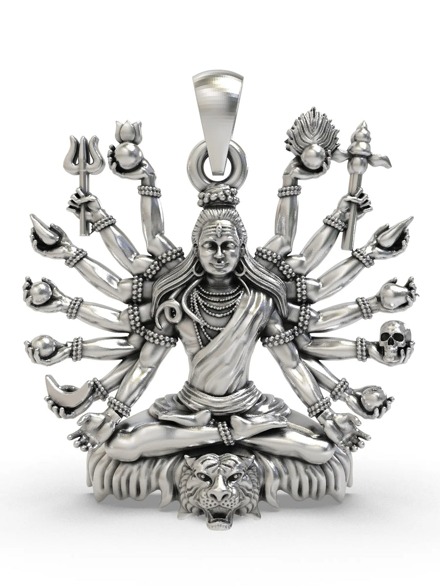 Fourteen Armed Lord Shiva Sterling Silver Pendant