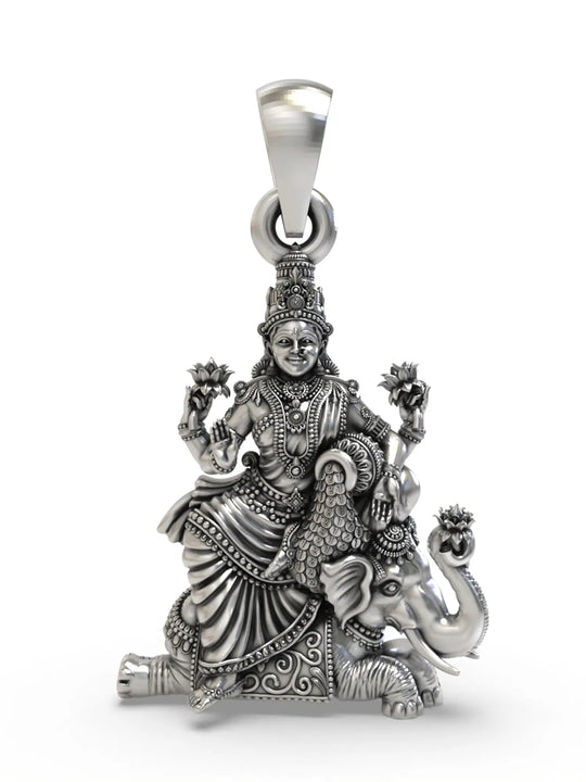 Goddess Lakshmi on Elephant Temple Sterling Silver Pendant