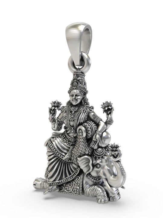 Goddess Lakshmi on Elephant Temple Sterling Silver Pendant
