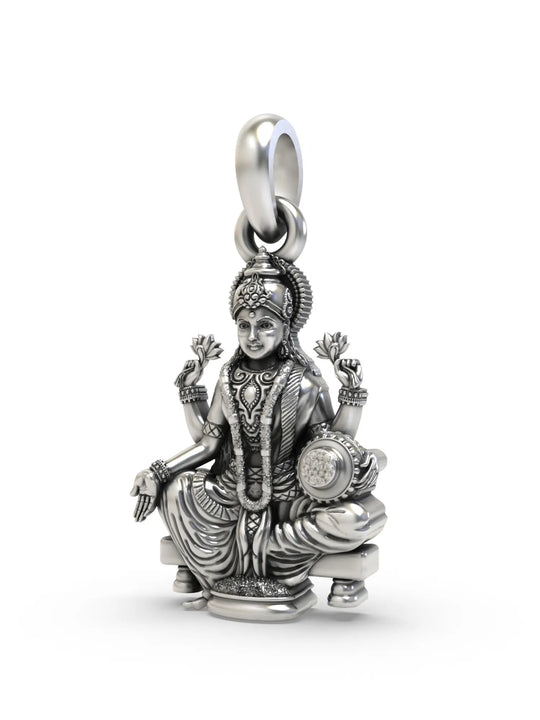 Seated Goddess Lakshmi Vintage Sterling Silver Pendant