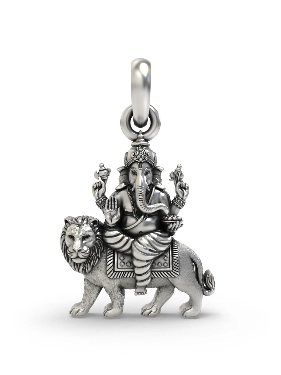 Ganesha Seated on Lion Vintage Sterling Silver Pendant