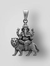 Ganesha Seated on Lion Vintage Sterling Silver Pendant