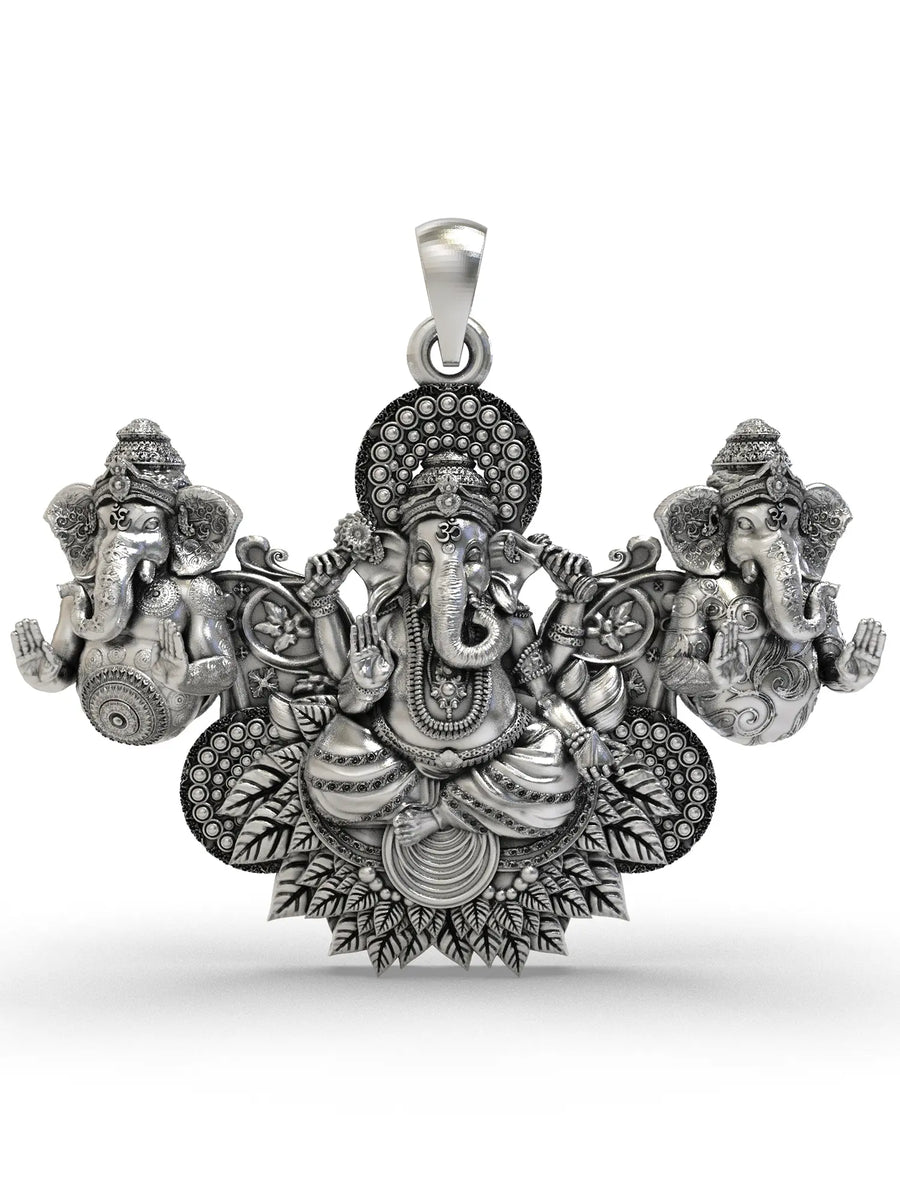 Triple Ganesha Sterling Silver Pendant