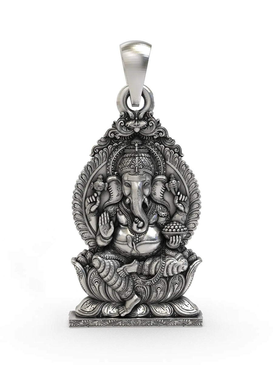 Chaturbhuja Lord Ganesha Throne Sterling Silver Pendant