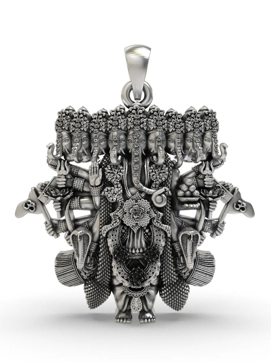 Nine-Headed Lord Ganesha Sterling Silver Pendant