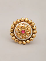 Pink Floral Brass Bead and Stone Adjustable Ring