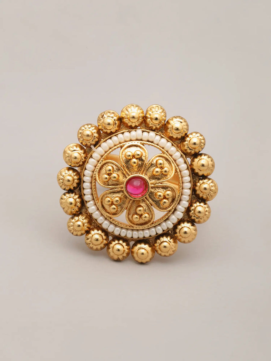 Pink Floral Brass Bead and Stone Adjustable Ring