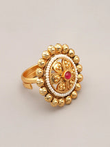Pink Floral Brass Bead and Stone Adjustable Ring