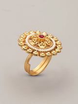 Pink Floral Brass Bead and Stone Adjustable Ring