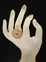 Pink Floral Brass Bead and Stone Adjustable Ring