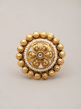 Pink Floral Brass Bead and Stone Adjustable Ring