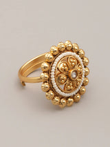 Pink Floral Brass Bead and Stone Adjustable Ring