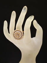 Pink Floral Brass Bead and Stone Adjustable Ring