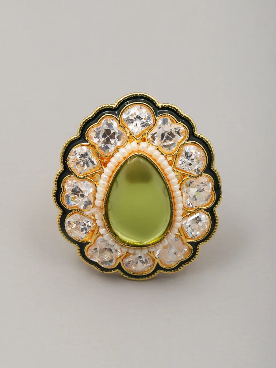 Green Stone Studded Brass Ring