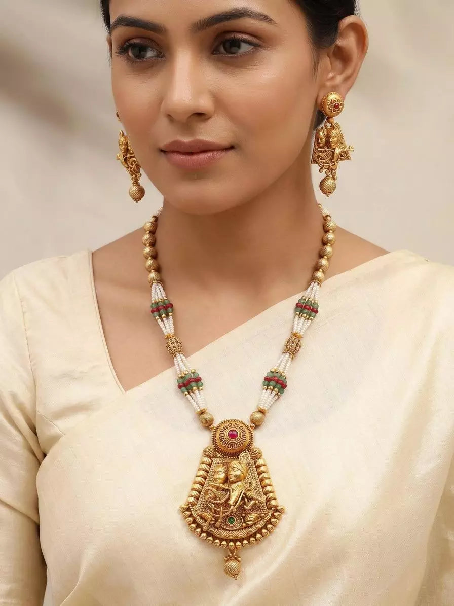 Radha Krishna Fluted Brass Necklace and Earrings Set