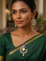Peacock Motif Multicolour Stone and Pearl Pendant Earrings Set