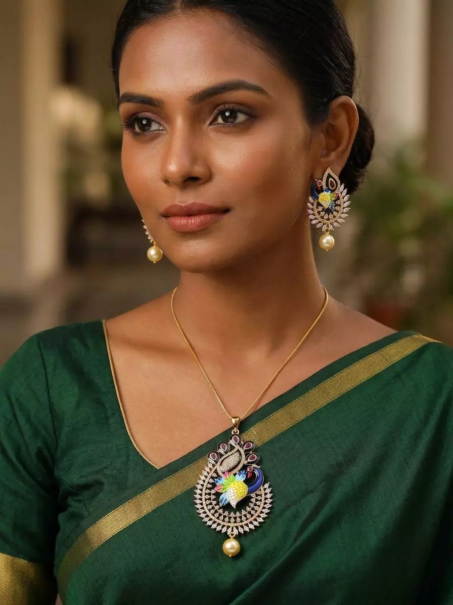 Peacock Motif Multicolour Stone and Pearl Pendant Earrings Set