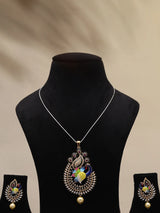 Peacock Motif Multicolour Stone and Pearl Pendant Earrings Set