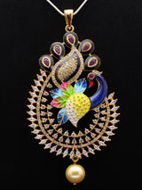 Peacock Motif Multicolour Stone and Pearl Pendant Earrings Set