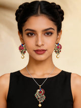 Multicolour Peacock Meenakari Pendant and Earrings Set with Pearl Drop